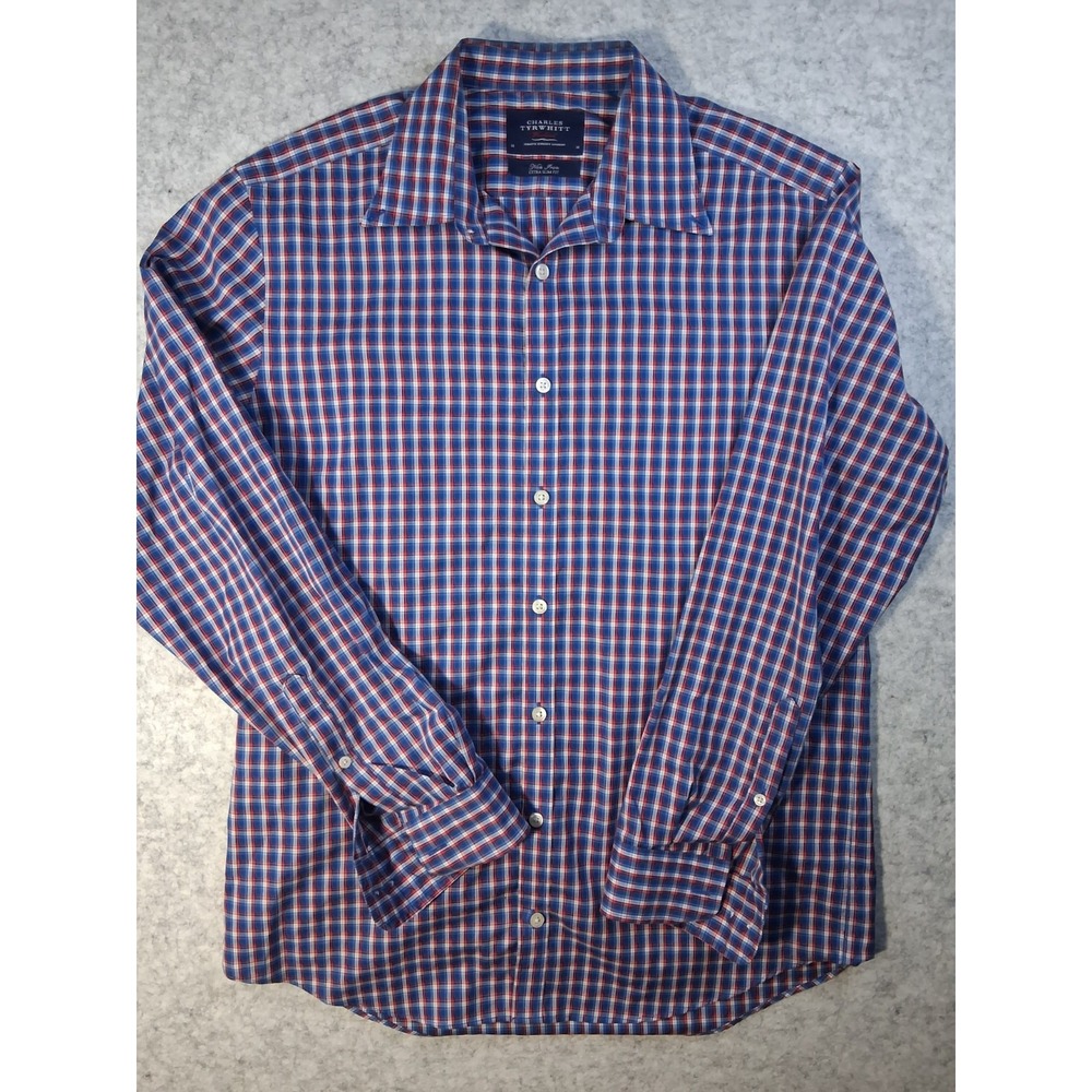 Charles Tyrwhitt Mens M Non-Iron Extra Slim Fit Blue Red Check Plaid Button Up